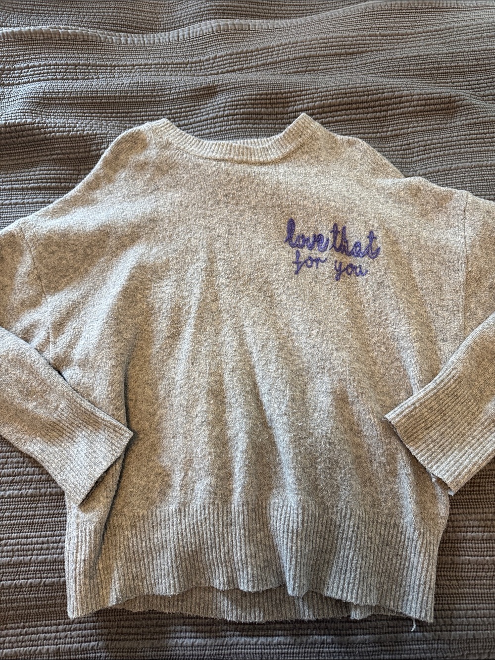 a new day Light Gray Crewneck Sweater with Purple Script